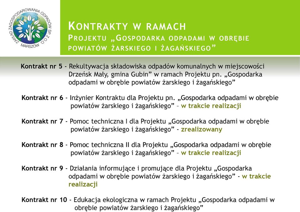 Gospodarka odpadami w obrębie powiatów żarskiego i żagańskiego w trakcie realizacji Kontrakt nr 7 - Pomoc techniczna I dla Projektu Gospodarka odpadami w obrębie powiatów żarskiego i żagańskiego -