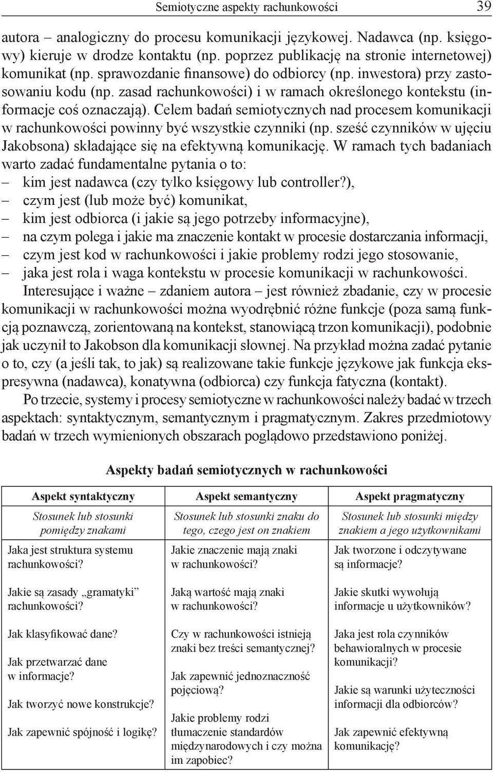 zasad rachunkowości) i w ramach określonego kontekstu (informacje coś oznaczają). Celem badań semiotycznych nad procesem komunikacji w rachunkowości powinny być wszystkie czynniki (np.