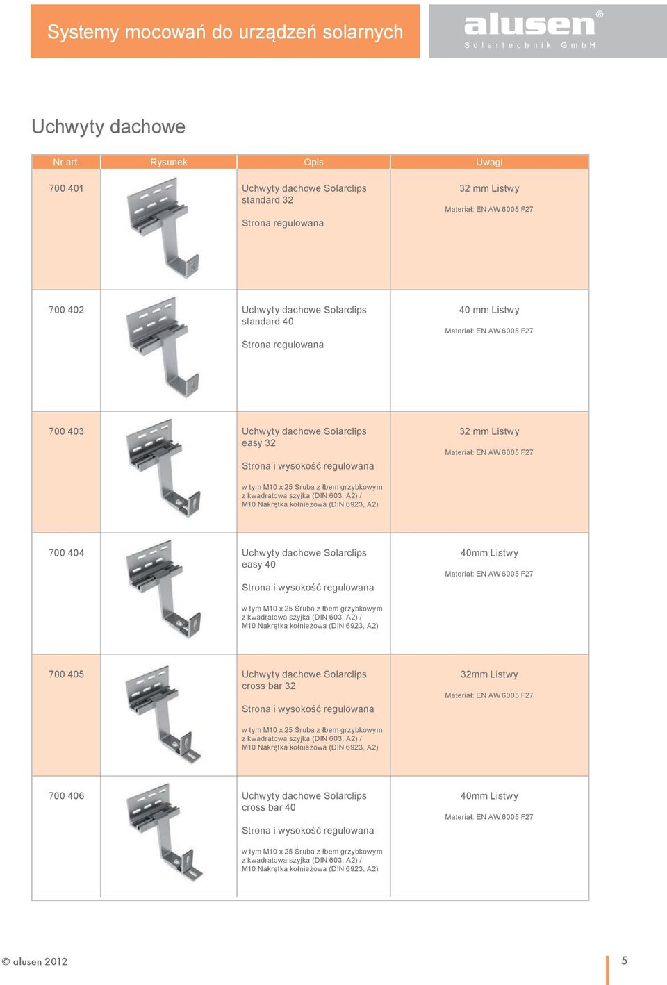 z łbem grzybkowym z kwadratowa szyjka (DIN 603, A2) / M10 Nakrętka kołnieżowa (DIN 6923, A2) 700 404 Uchwyty dachowe Solarclips easy 40 Strona i wysokość regulowana 40mm Listwy Materiał: EN AW 6005