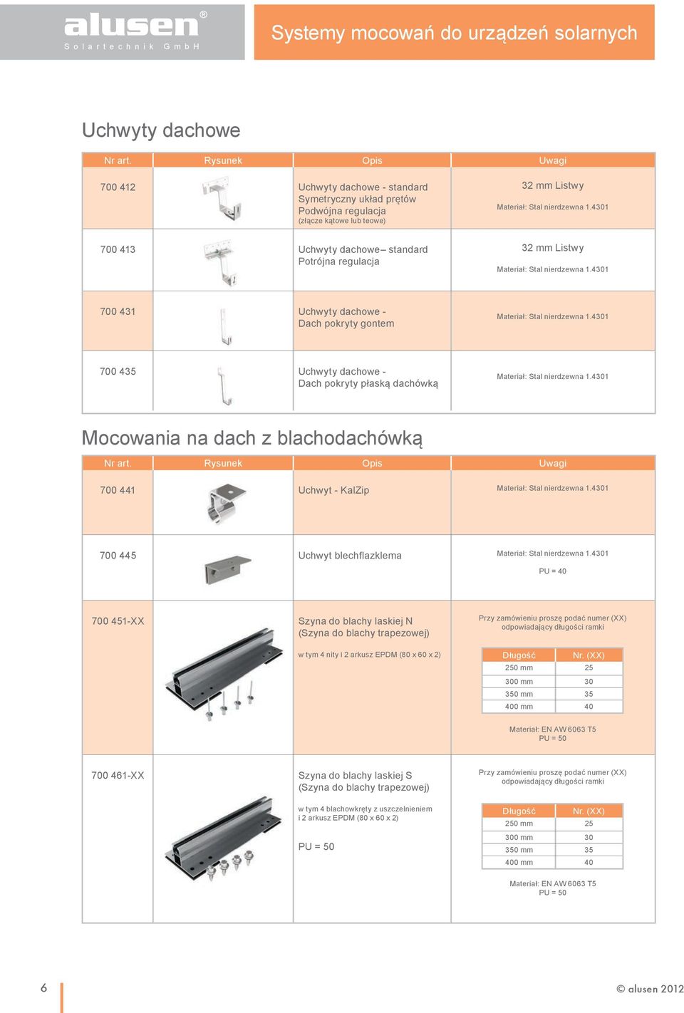 KalZip 700 445 Uchwyt blechflazklema PU = 40 700 451-XX Szyna do blachy laskiej N (Szyna do blachy trapezowej) w tym 4 nity i 2 arkusz EPDM (80 x 60 x 2) odpowiadający długości ramki Długość Nr.