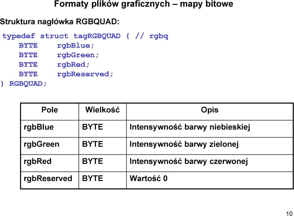 RGBQUAD; Pole rgbblue rgbgreen rgbred rgbreserved Wielkość BYTE BYTE BYTE BYTE Opis