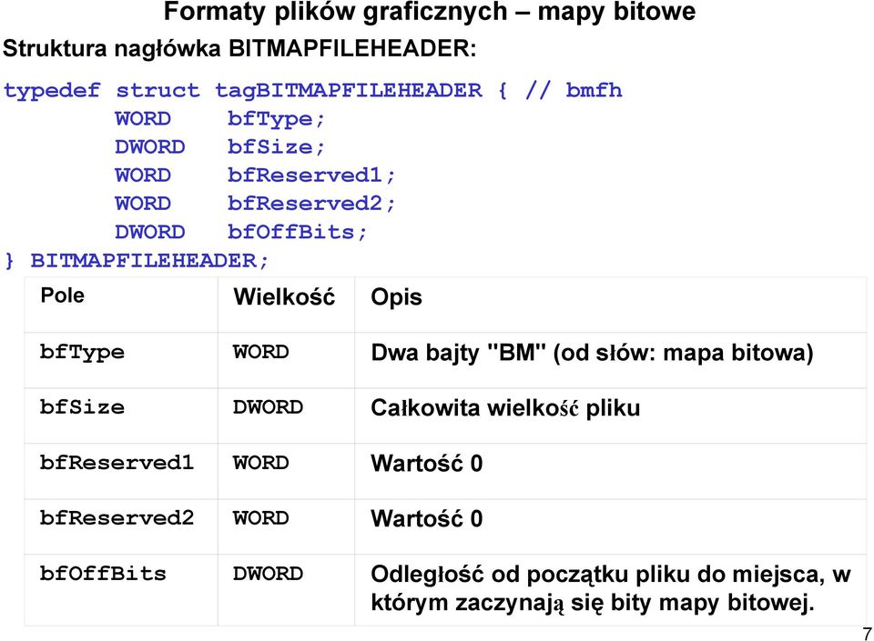 bftype WORD Dwa bajty "BM" (od słów: mapa bitowa) bfsize DWORD Całkowita wielkość pliku bfreserved1 WORD Wartość 0