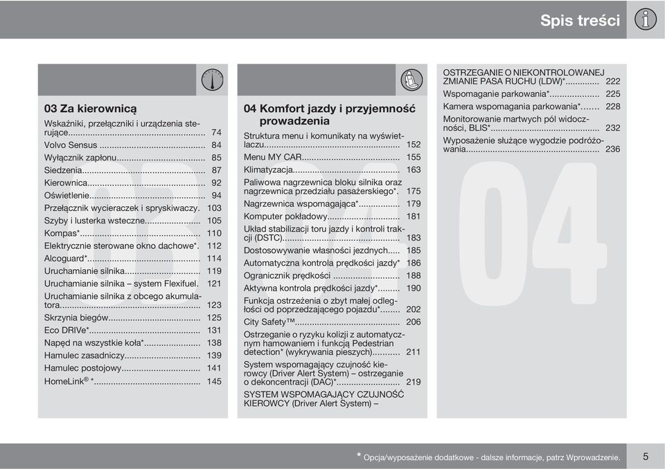 .. 94 nagrzewnica przedziału pasażerskiego*. 175 Przełącznik wycieraczek i spryskiwaczy. 103 Nagrzewnica wspomagająca*... 179 Szyby i lusterka wsteczne... 105 Komputer pokładowy... 181 Kompas*.