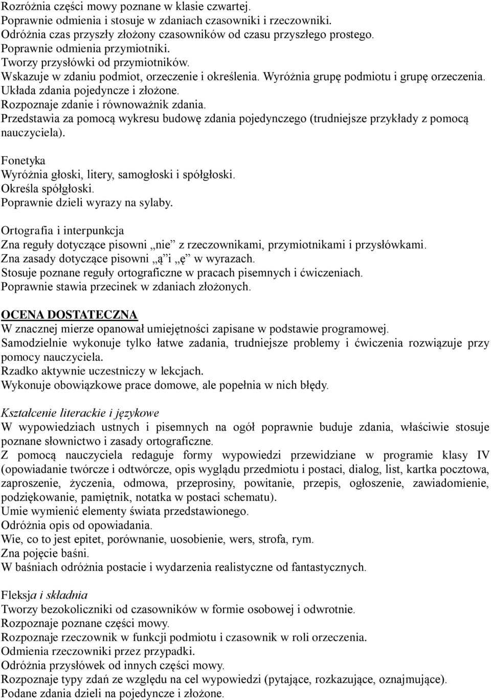 Rozpoznaje zdanie i równoważnik zdania. Przedstawia za pomocą wykresu budowę zdania pojedynczego (trudniejsze przykłady z pomocą nauczyciela). Wyróżnia głoski, litery, samogłoski i spółgłoski.