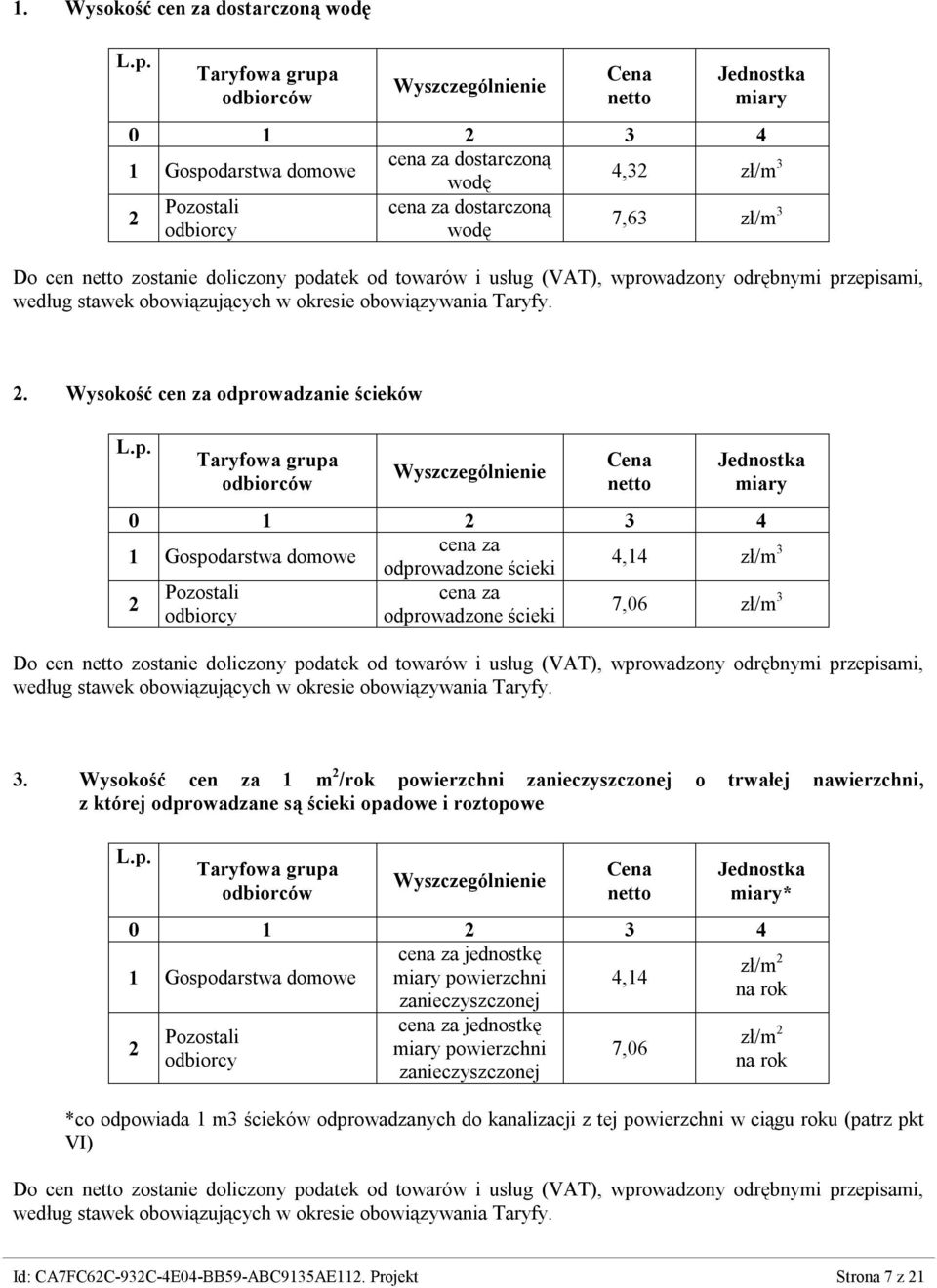 cen netto zostanie doliczony podatek od towarów i usług (VAT), wprowadzony odrębnymi przepisami, według stawek obowiązujących w okresie obowiązywania Taryfy. 2.