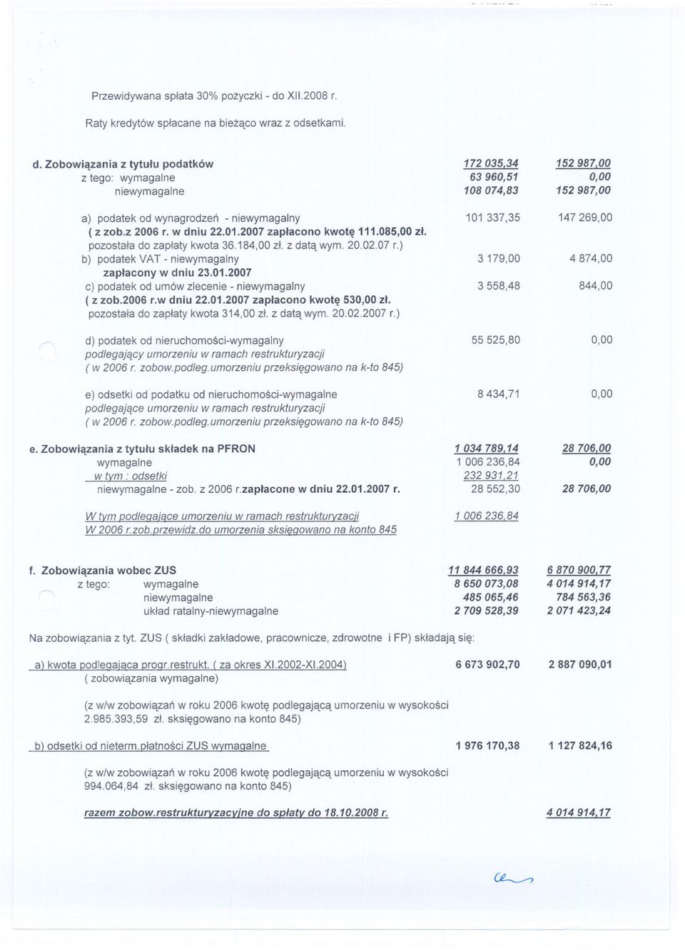 2006 r.w dniu 22.01.2007 zaplacono kwote 53 zl. pozostala do zaplaty kwota 314,00 zl. z data wym. 20.02.2007 r.