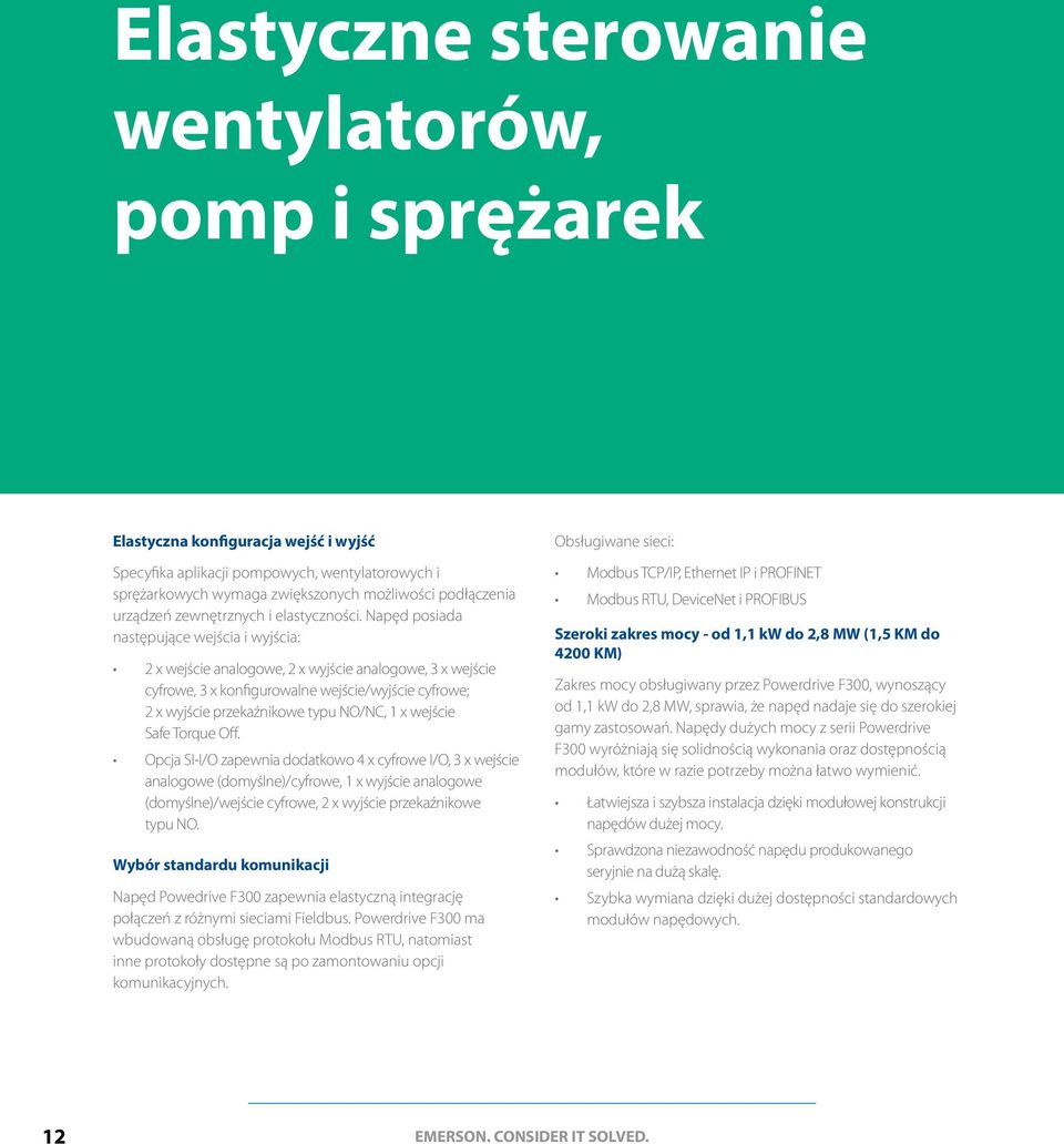 Napęd posiada następujące wejścia i wyjścia: 2 x wejście analogowe, 2 x wyjście analogowe, 3 x wejście cyfrowe, 3 x konfigurowalne wejście/wyjście cyfrowe; 2 x wyjście przekaźnikowe typu NO/NC, 1 x