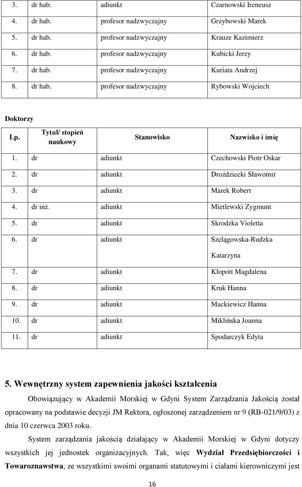 dr adiunkt Marek Robert 4. dr inż. adiunkt Mietlewski Zygmunt 5. dr adiunkt Skrodzka Violetta 6. dr adiunkt Szelągowska-Rudzka Katarzyna 7. dr adiunkt Klopott Magdalena 8. dr adiunkt Kruk Hanna 9.