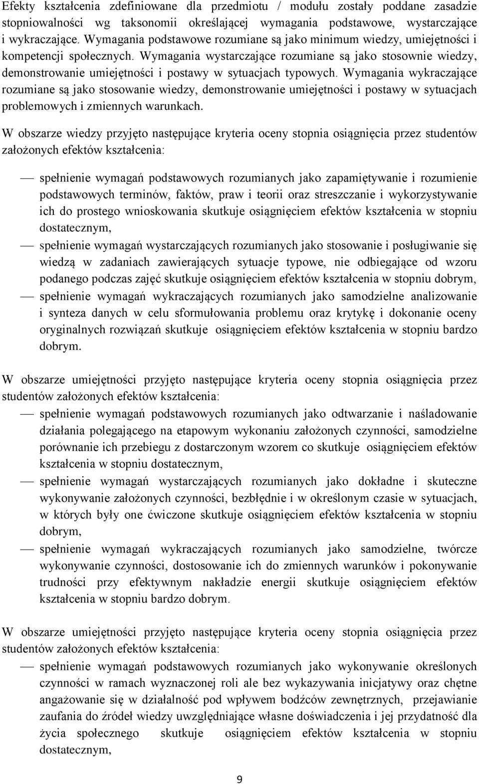 Wymagania wystarczające rozumiane są jako stosownie wiedzy, demonstrowanie umiejętności i postawy w sytuacjach typowych.