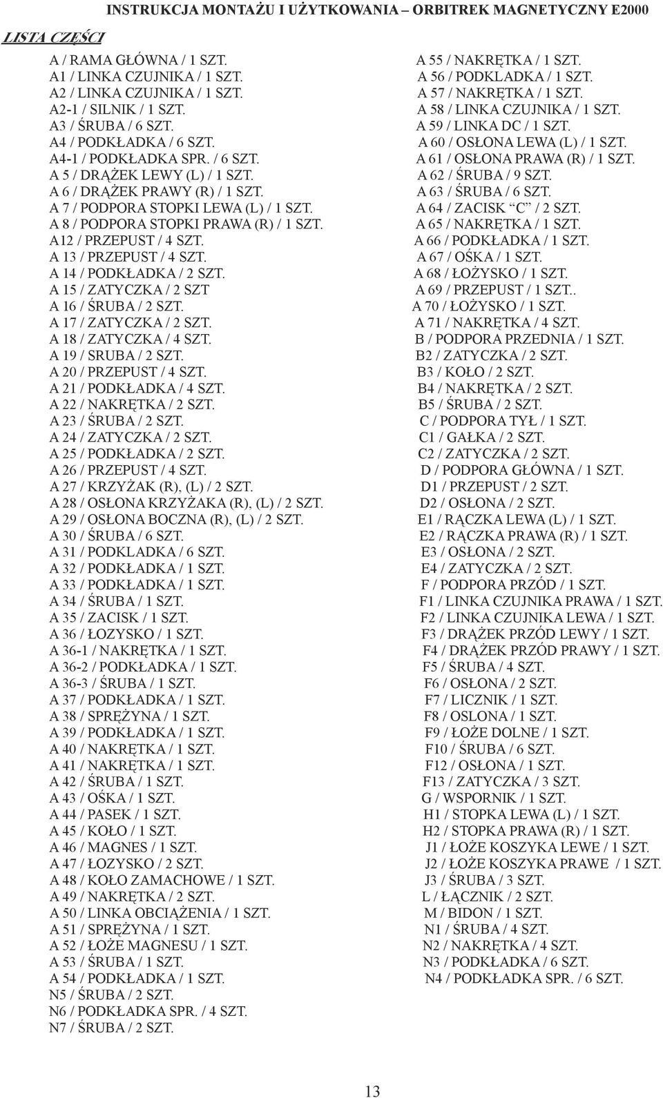 A 60 / OSŁONA LEWA (L) / 1 SZT. A4-1 / PODKŁADKA SPR. / 6 SZT. A 61 / OSŁONA PRAWA (R) / 1 SZT. A 5 / DRĄŻEK LEWY (L) / 1 SZT. A 62 / ŚRUBA / 9 SZT. A 6 / DRĄŻEK PRAWY (R) / 1 SZT.