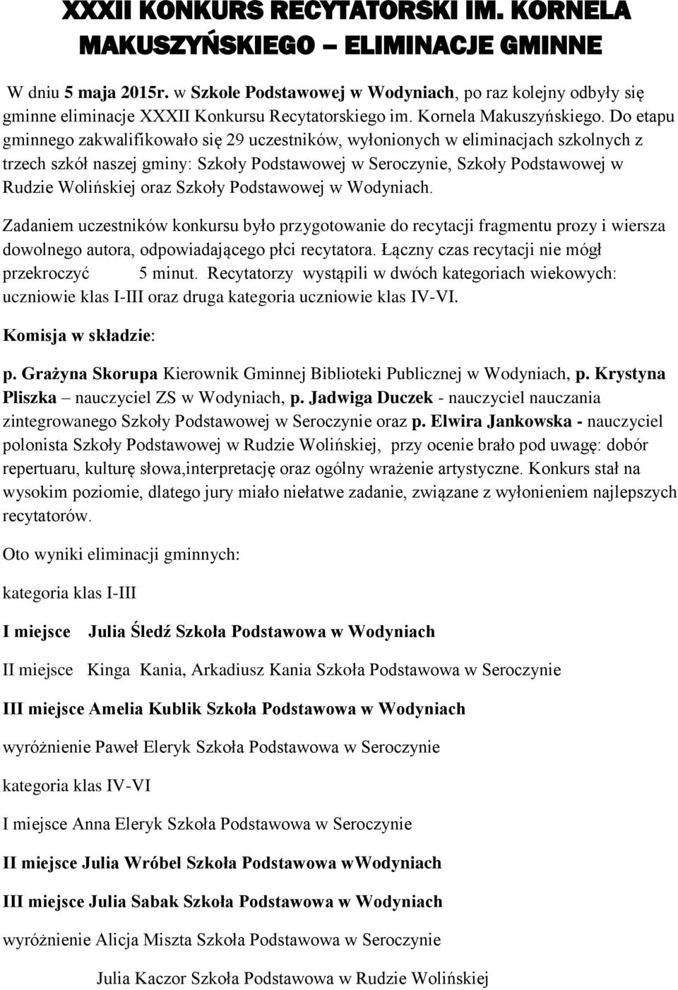 Do etapu gminnego zakwalifikowało się 29 uczestników, wyłonionych w eliminacjach szkolnych z trzech szkół naszej gminy: Szkoły Podstawowej w Seroczynie, Szkoły Podstawowej w Rudzie Wolińskiej oraz