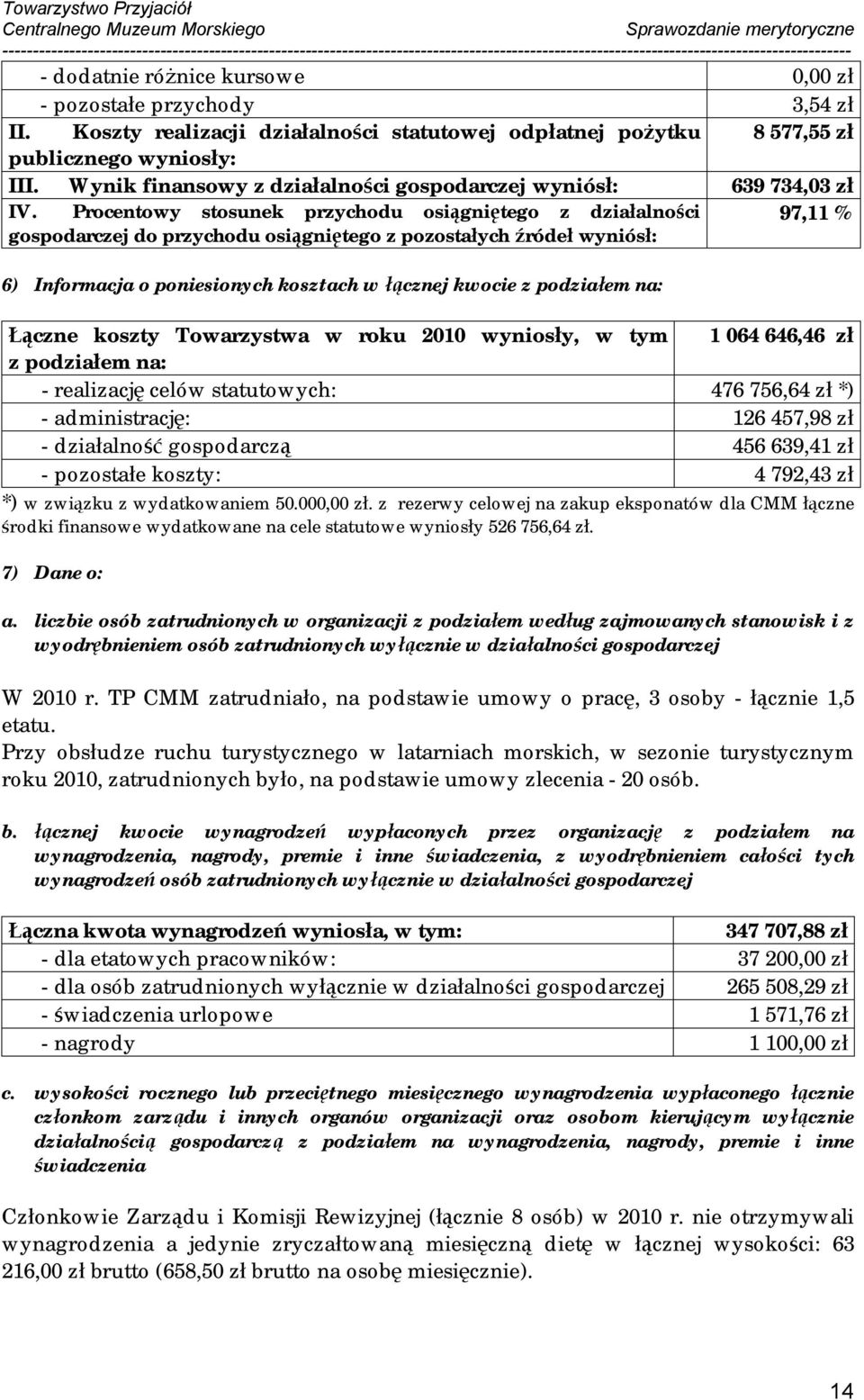 Procentowy stosunek przychodu osiągniętego z działalności 97,11 % gospodarczej do przychodu osiągniętego z pozostałych źródeł wyniósł: 6) Informacja o poniesionych kosztach w łącznej kwocie z