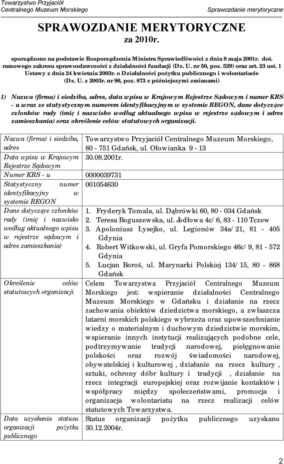 873 z późniejszymi zmianami) 1) Nazwa (firma) i siedziba, adres, data wpisu w Krajowym Rejestrze Sądowym i numer KRS - u wraz ze statystycznym numerem identyfikacyjnym w systemie REGON, dane