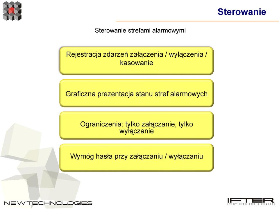 prezentacja stanu stref alarmowych Ograniczenia: tylko