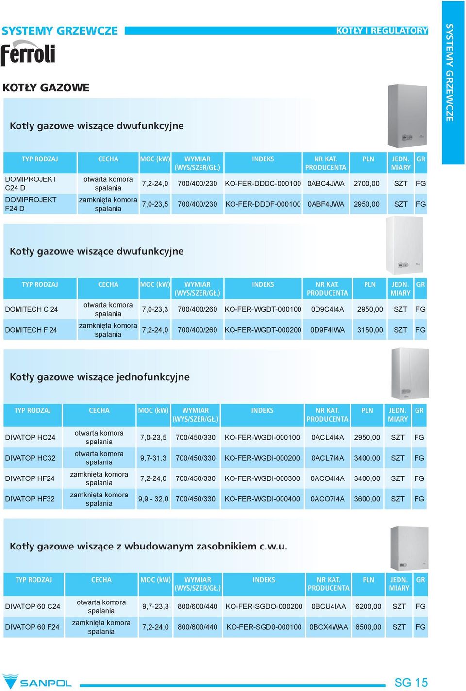 7,2-24,0 700/400/230 KO-FER-DDDC-000100 0ABC4JWA 2700,00 SZT FG 7,0-23,5 700/400/230 KO-FER-DDDF-000100 0ABF4JWA 2950,00 SZT FG Kotły gazowe wiszące dwufunkcyjne TYP RODZAJ CECHA MOC (kw) WYMIAR