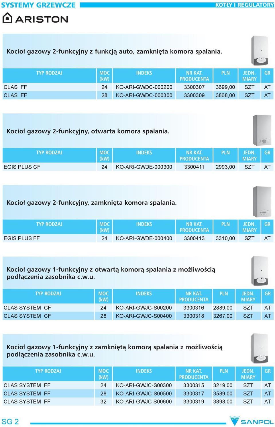 EGIS PLUS CF 24 KO-ARI-GWDE-000300 3300411 2993,00 SZT AT Kocioł gazowy 2-funkcyjny, zamknięta komora spalania. TYP RODZAJ MOC (kw) INDEKS NR KAT.