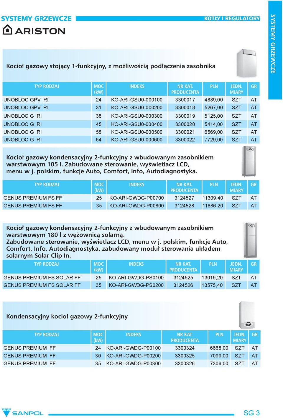 KO-ARI-GSU0-000400 3300020 5414,00 SZT AT UNOBLOC G RI 55 KO-ARI-GSU0-000500 3300021 6569,00 SZT AT UNOBLOC G RI 64 KO-ARI-GSU0-000600 3300022 7729,00 SZT AT Kocioł gazowy kondensacyjny 2-funkcyjny z