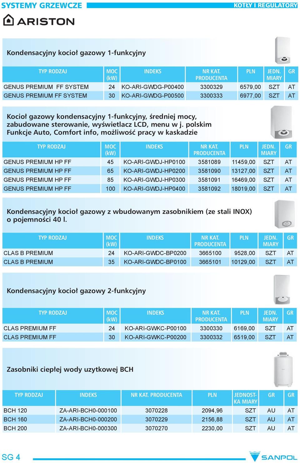 zabudowane sterowanie, wyświetlacz LCD, menu w j. polskim Funkcje Auto, Comfort info, możliwość pracy w kaskadzie TYP RODZAJ MOC (kw) INDEKS NR KAT.