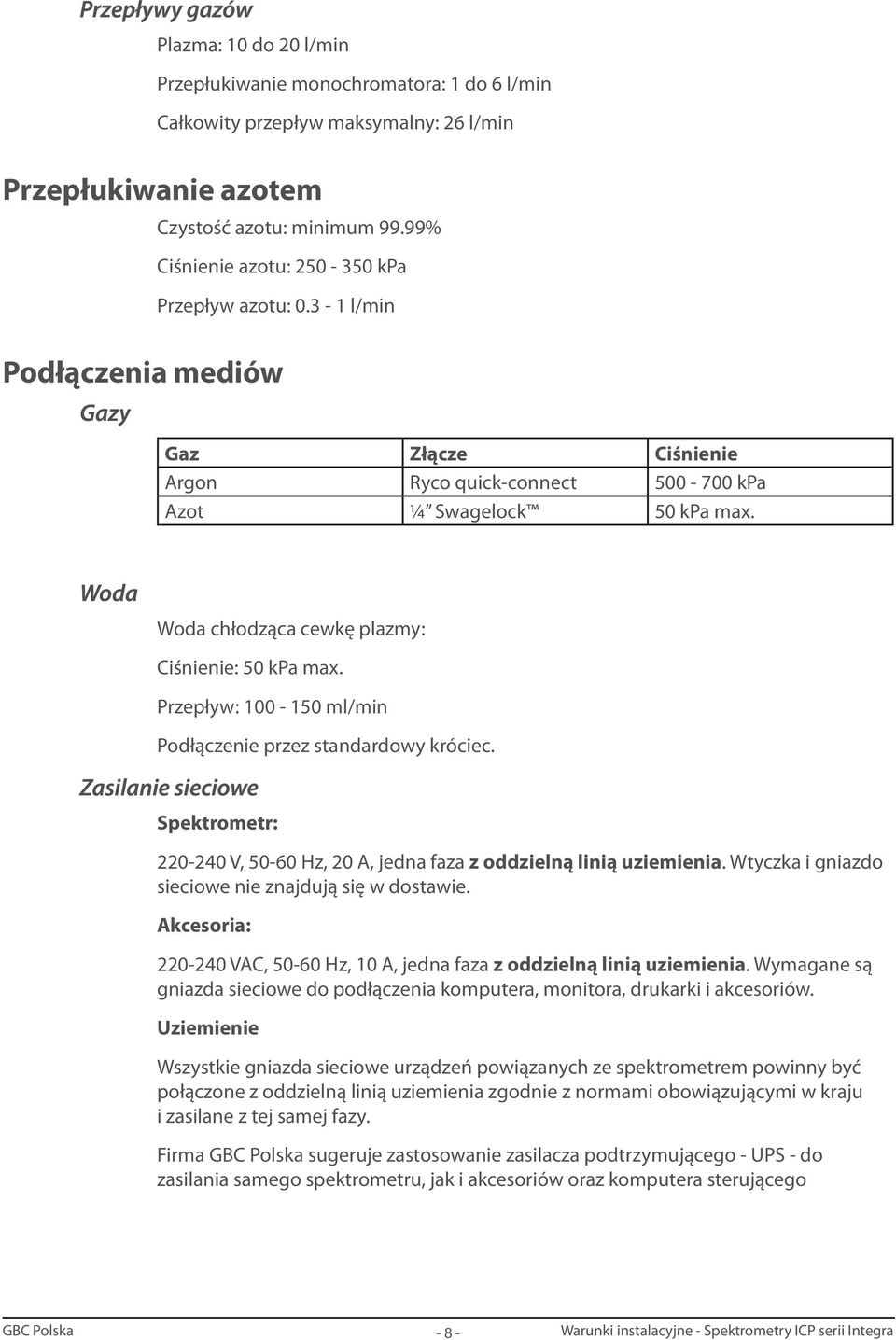 Woda Woda chłodząca cewkę plazmy: Ciśnienie: 50 kpa max. Przepływ: 100-150 ml/min Podłączenie przez standardowy króciec.