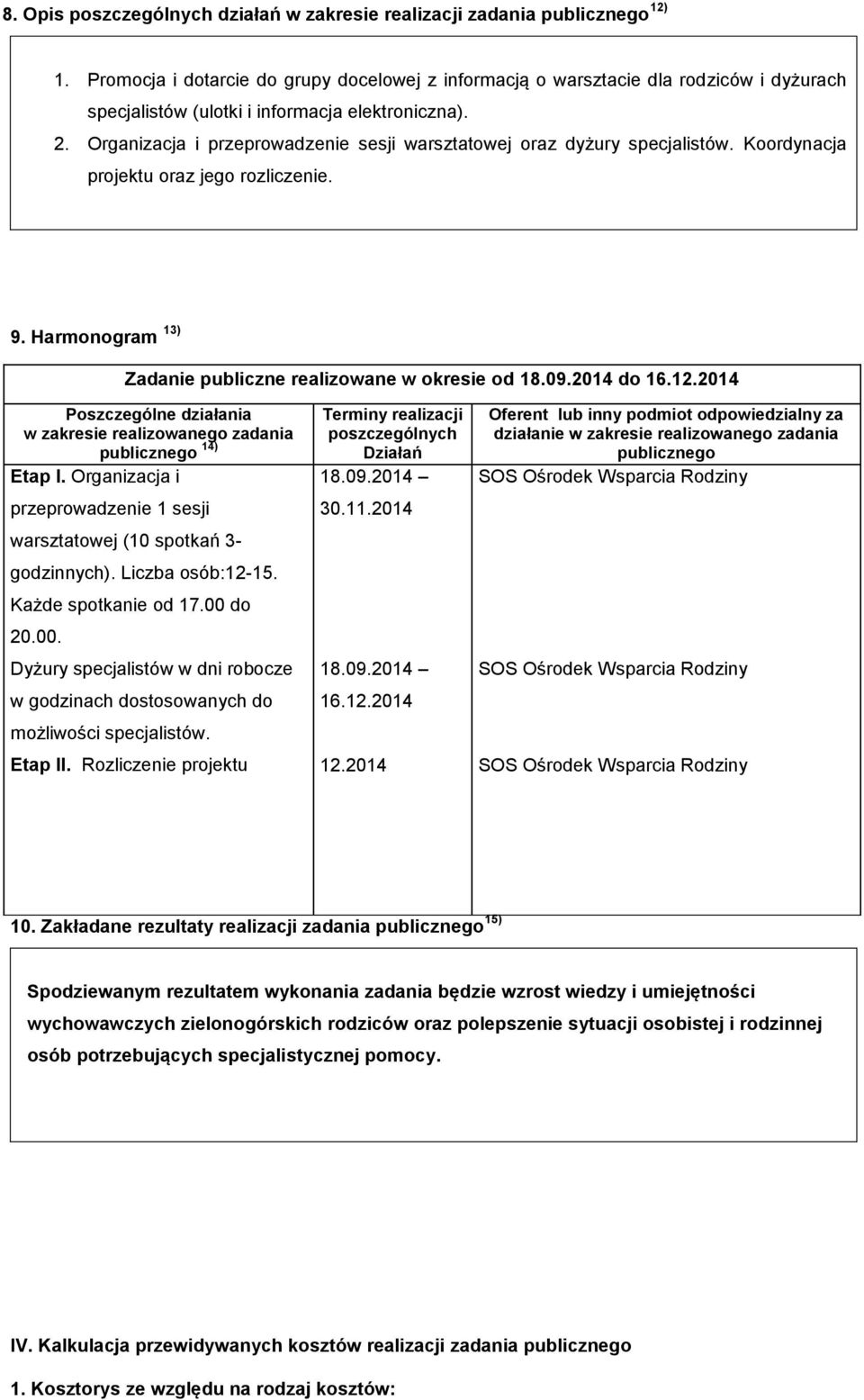 Organizacja i przeprowadzenie sesji warsztatowej oraz dyżury specjalistów. Koordynacja projektu oraz jego rozliczenie. 9. Harmonogram 13) Zadanie publiczne realizowane w okresie od 18.09.2014 do 16.