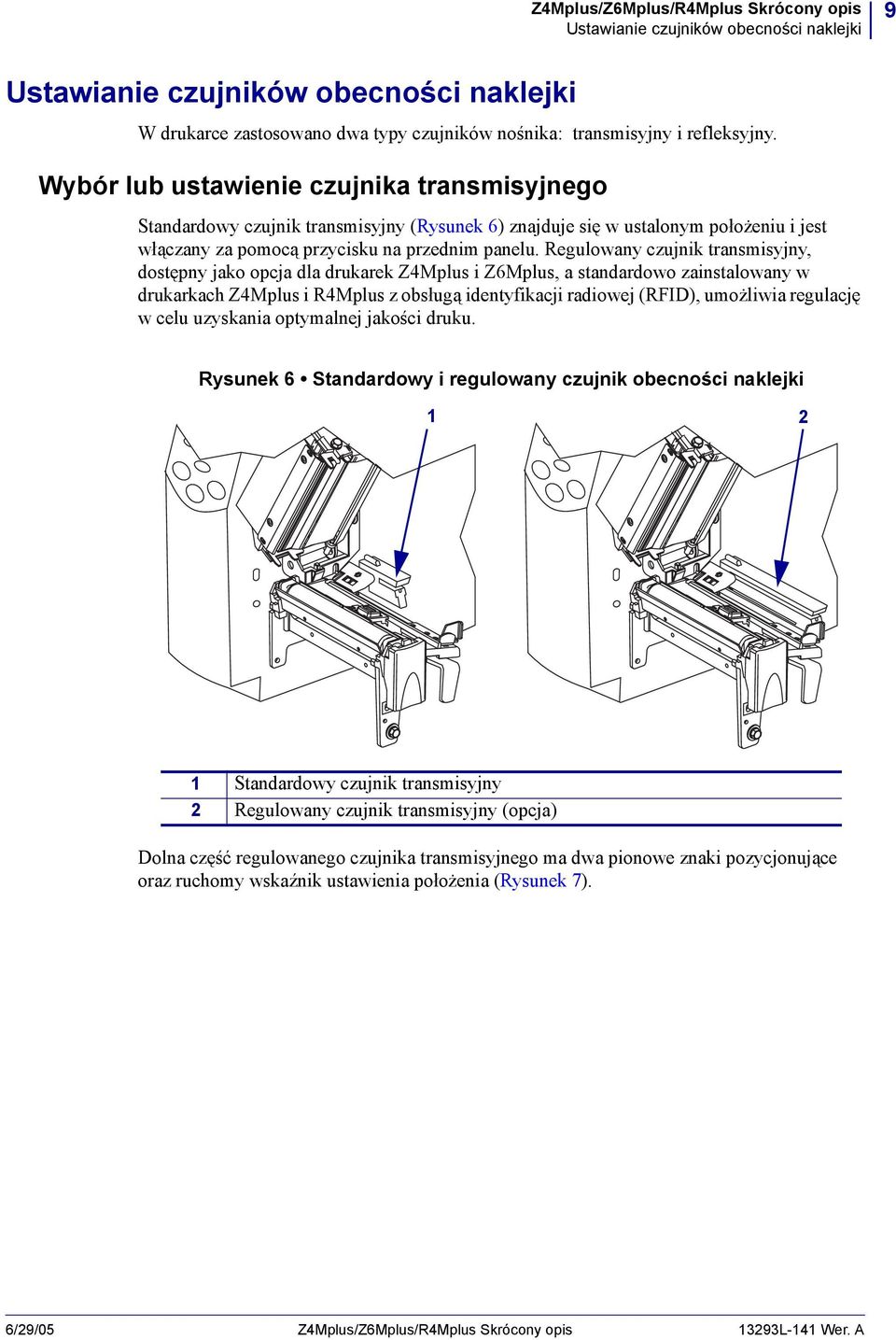 Regulowany czujnik transmisyjny, dostępny jako opcja dla drukarek Z4Mplus i Z6Mplus, a standardowo zainstalowany w drukarkach Z4Mplus i R4Mplus z obsługą identyfikacji radiowej (RFID), umożliwia