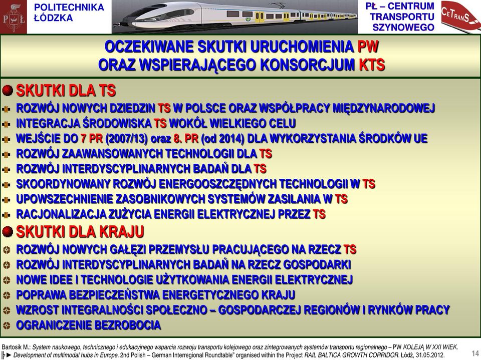 PR (od 2014) DLA WYKORZYSTANIA ŚRODKÓW UE ROZWÓJ ZAAWANSOWANYCH TECHNOLOGII DLA TS ROZWÓJ INTERDYSCYPLINARNYCH BADAŃ DLA TS SKOORDYNOWANY ROZWÓJ ENERGOOSZCZĘDNYCH TECHNOLOGII W TS UPOWSZECHNIENIE