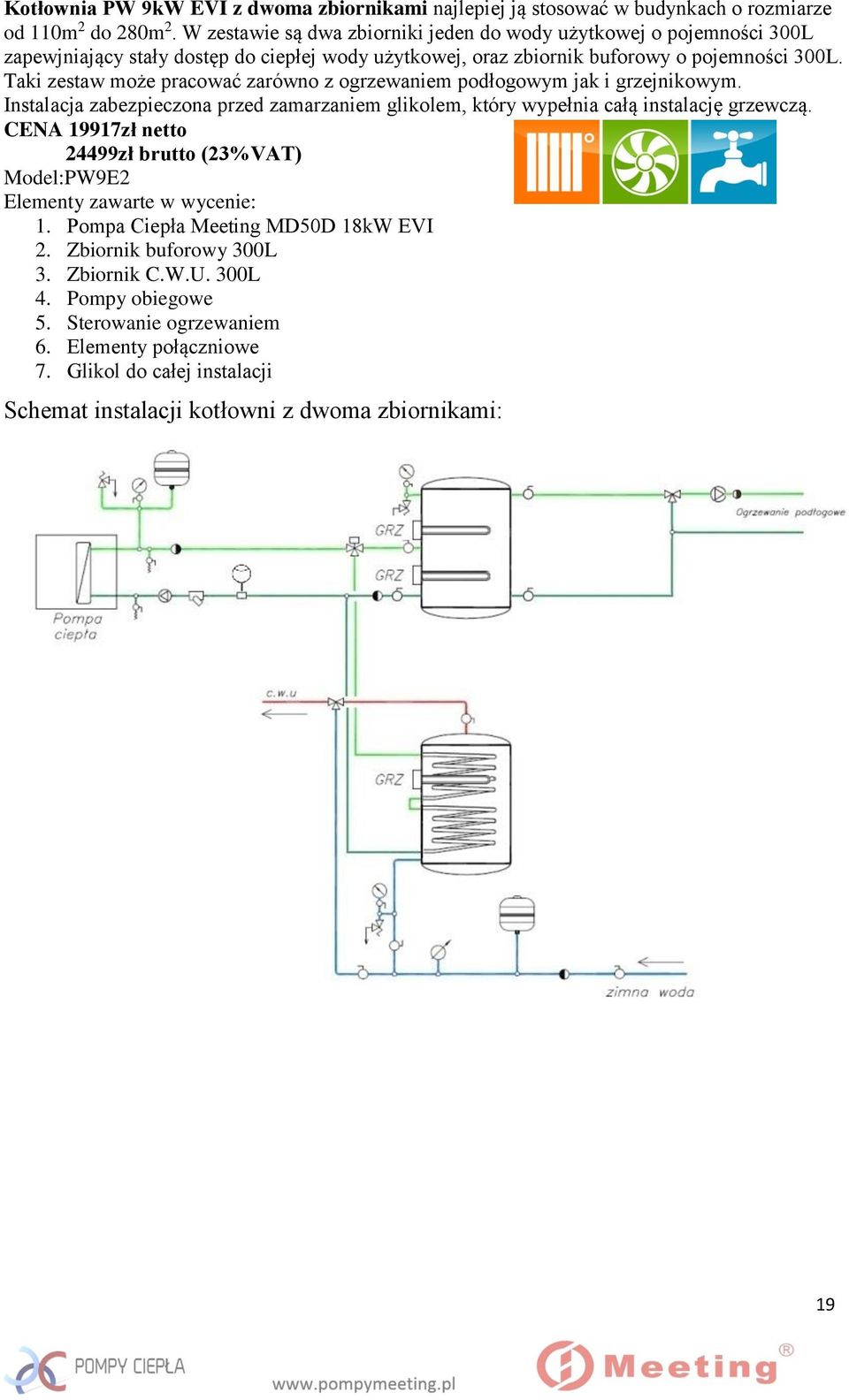 Taki zestaw może pracować zarówno z ogrzewaniem podłogowym jak i grzejnikowym. Instalacja zabezpieczona przed zamarzaniem glikolem, który wypełnia całą instalację grzewczą.