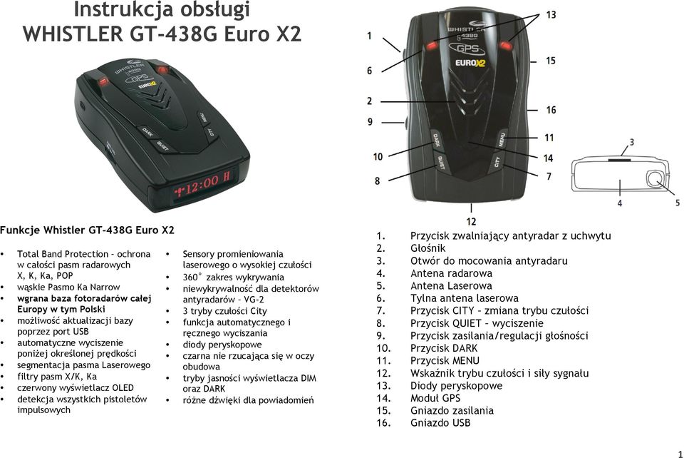 detekcja wszystkich pistoletów impulsowych Sensory promieniowania laserowego o wysokiej czułości 360 zakres wykrywania niewykrywalność dla detektorów antyradarów VG-2 3 tryby czułości City funkcja