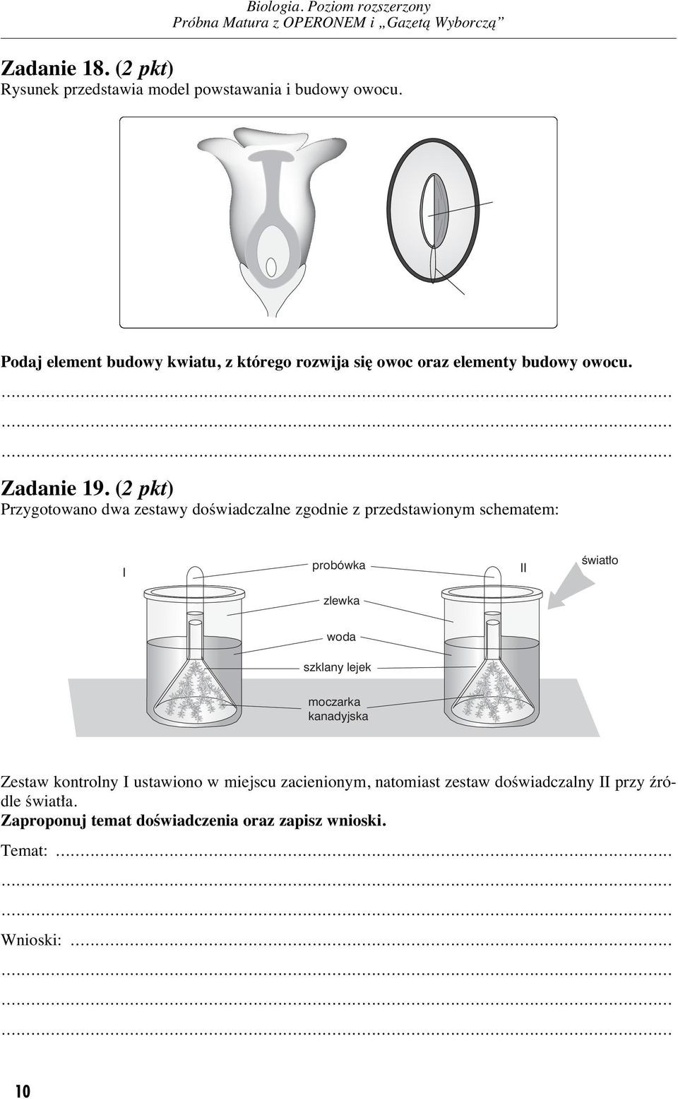 (2 pkt) rzygotowano dwa zestawy doêwiadczalne zgodnie z przedstawionym schematem: I probówka II Êwiat o zlewka woda szklany lejek moczarka kanadyjska Zestaw kontrolny I ustawiono w miejscu