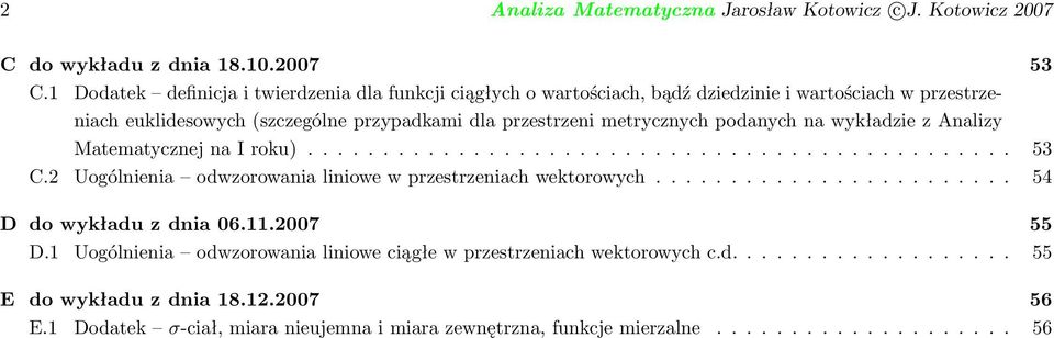 podanych na wykładzie z nalizy Matematycznej na I roku)............................................... 53 C.2 Uogólnienia odwzorowania liniowe w przestrzeniach wektorowych.