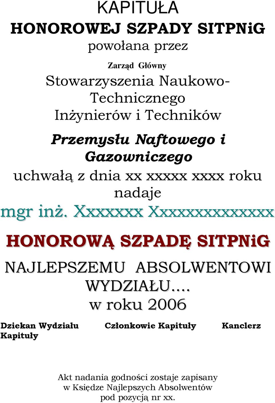 Xxxxxxx Xxxxxxxxxxxxxx HONOROWĄ SZPADĘ SITPNiG NAJLEPSZEMU ABSOLWENTOWI WYDZIAŁU.