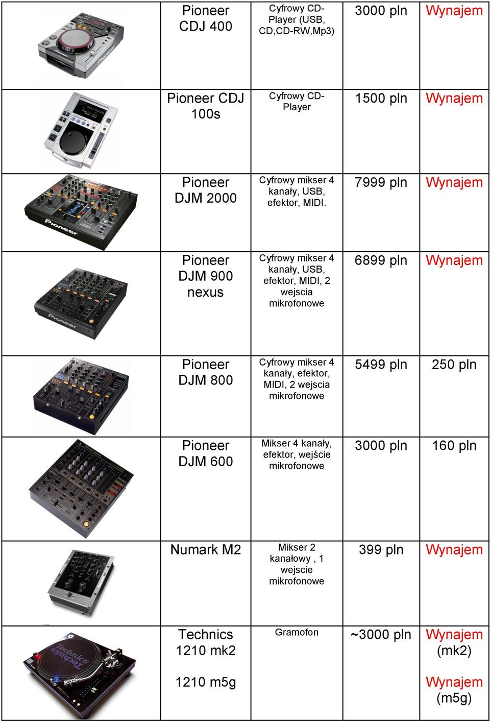 7999 pln Wynajem DJM 900 nexus Cyfrowy mikser 4 kanały, USB, efektor, MIDI, 2 wejscia 6899 pln Wynajem DJM 800 Cyfrowy mikser