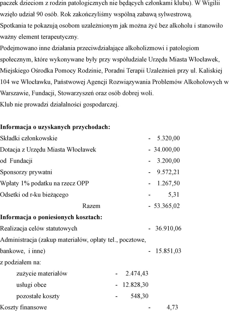 Podejmowano inne działania przeciwdziałające alkoholizmowi i patologiom społecznym, które wykonywane były przy współudziale Urzędu Miasta Włocławek, Miejskiego Ośrodka Pomocy Rodzinie, Poradni