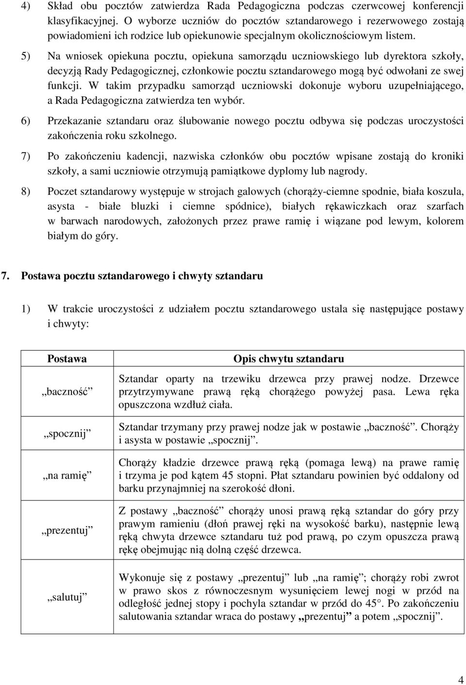 5) Na wniosek opiekuna pocztu, opiekuna samorządu uczniowskiego lub dyrektora szkoły, decyzją Rady Pedagogicznej, członkowie pocztu sztandarowego mogą być odwołani ze swej funkcji.