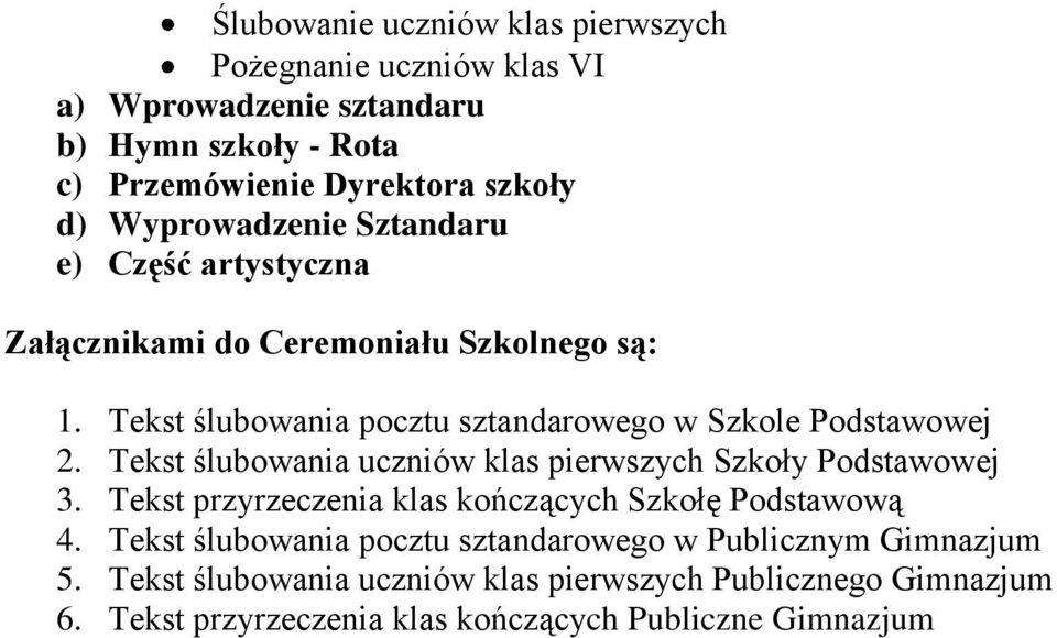 Tekst ślubowania uczniów klas pierwszych Szkoły Podstawowej 3. Tekst przyrzeczenia klas kończących Szkołę Podstawową 4.