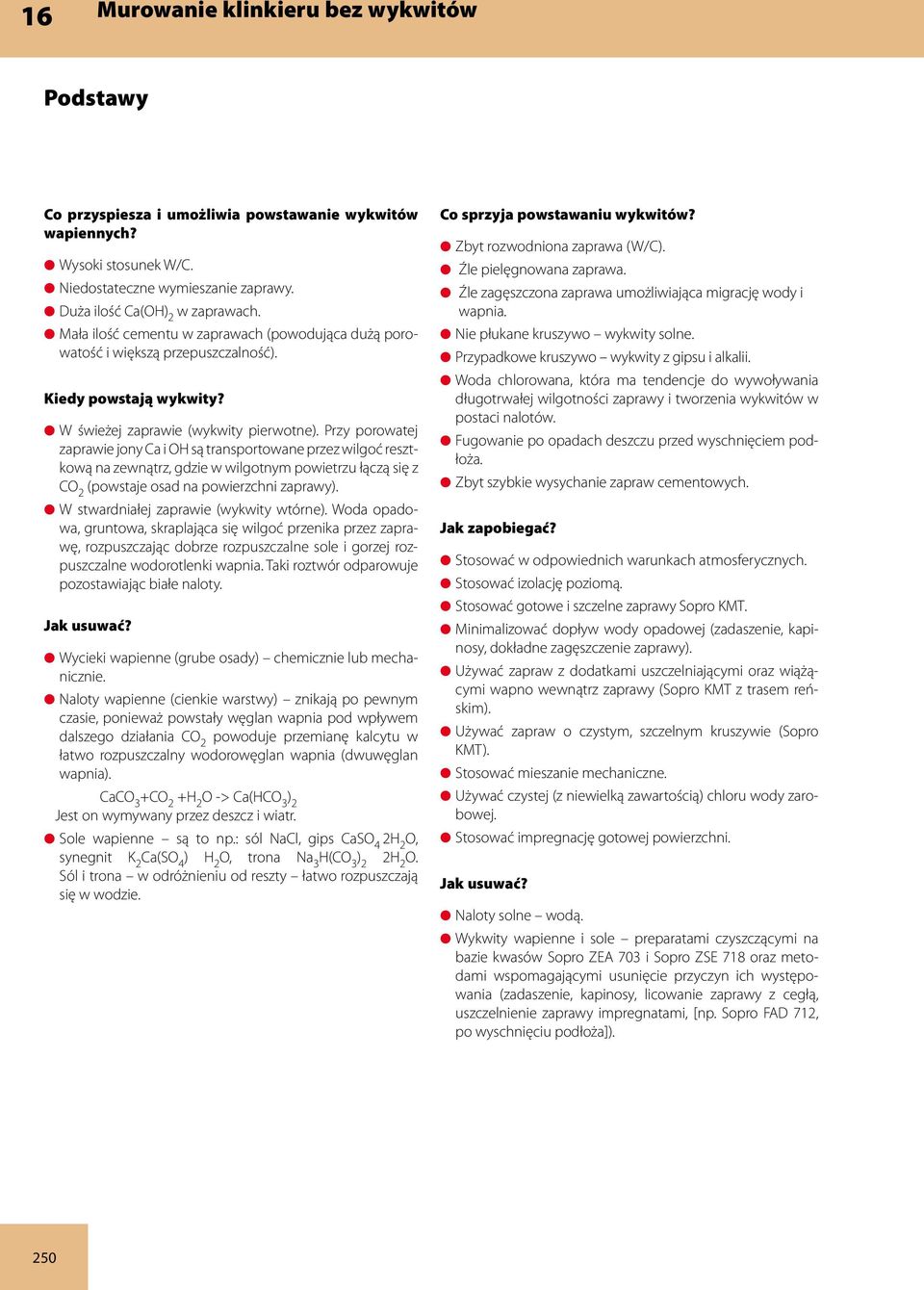 Przy porowatej zaprawie jony Ca i OH są transportowane przez wilgoć resztkową na zewnątrz, gdzie w wilgotnym powietrzu łączą się z CO 2 (powstaje osad na powierzchni zaprawy).