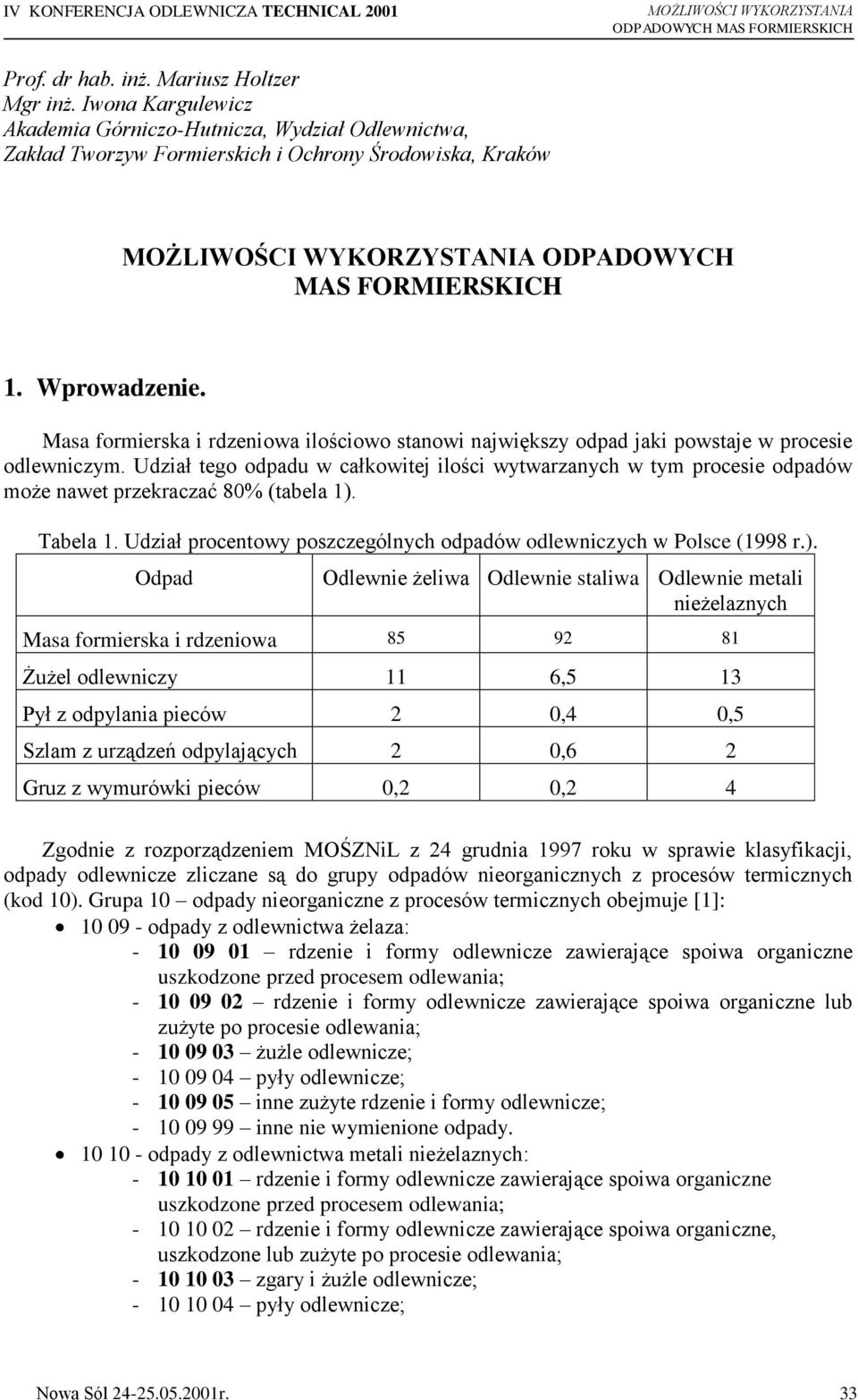 Masa formierska i rdzeniowa ilościowo stanowi największy odpad jaki powstaje w procesie odlewniczym.