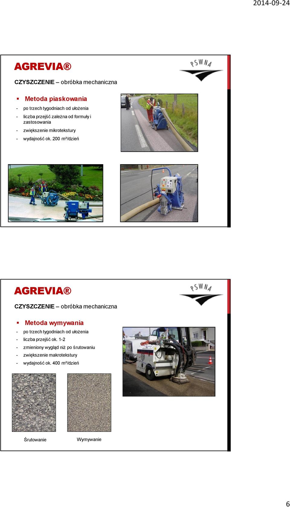 200 m²/dzień AGREVIA CZYSZCZENIE obróbka mechaniczna Metoda wymywania po trzech tygodniach od ułożenia