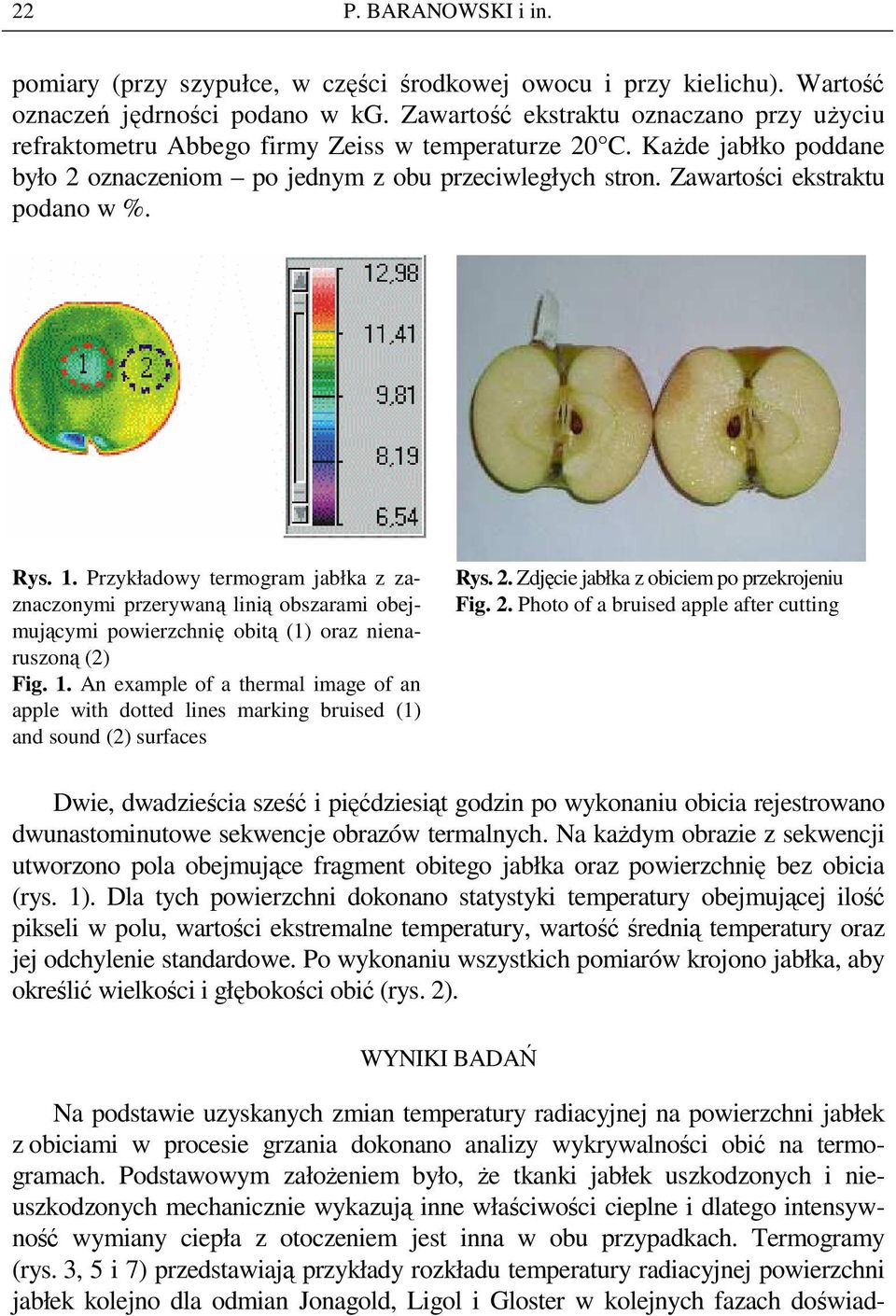Zawartości ekstraktu podano w %. Rys.. Przykładowy termogram jabłka z zaznaczonymi przerywaną linią obszarami obejmującymi powierzchnię obitą () oraz nienaruszoną (2) Fig.