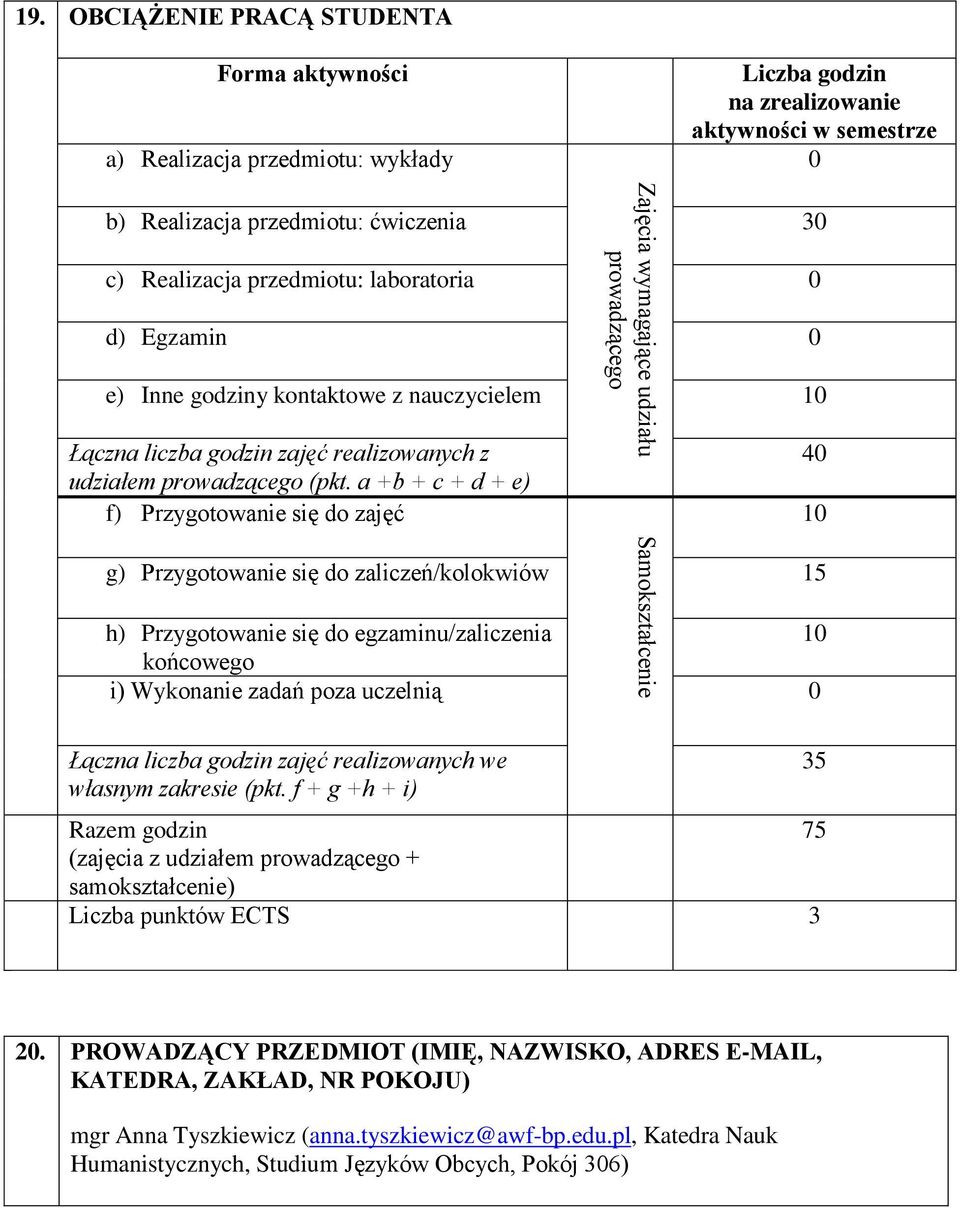 0 d) Egzamin 0 e) Inne godziny kontaktowe z nauczycielem 10 Łączna liczba godzin zajęć realizowanych z udziałem prowadzącego (pkt.