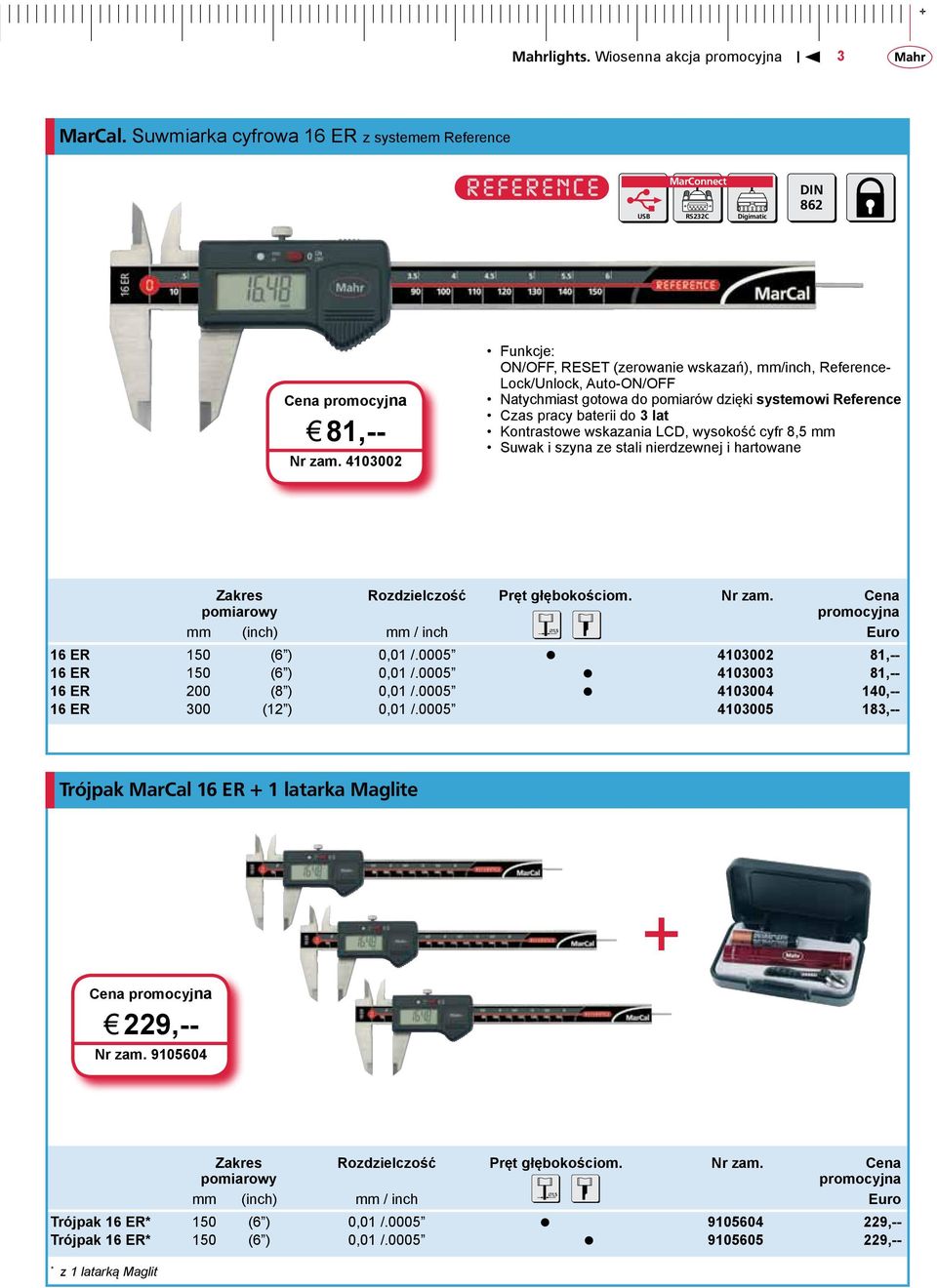 wskazania LCD, wysokość cyfr 8,5 mm Suwak i szyna ze stali nierdzewnej i hartowane Rozdzielczość Pręt głębokościom. Nr zam. Cena mm (inch) mm / inch Euro 16 ER 150 (6 ) 0,01 /.