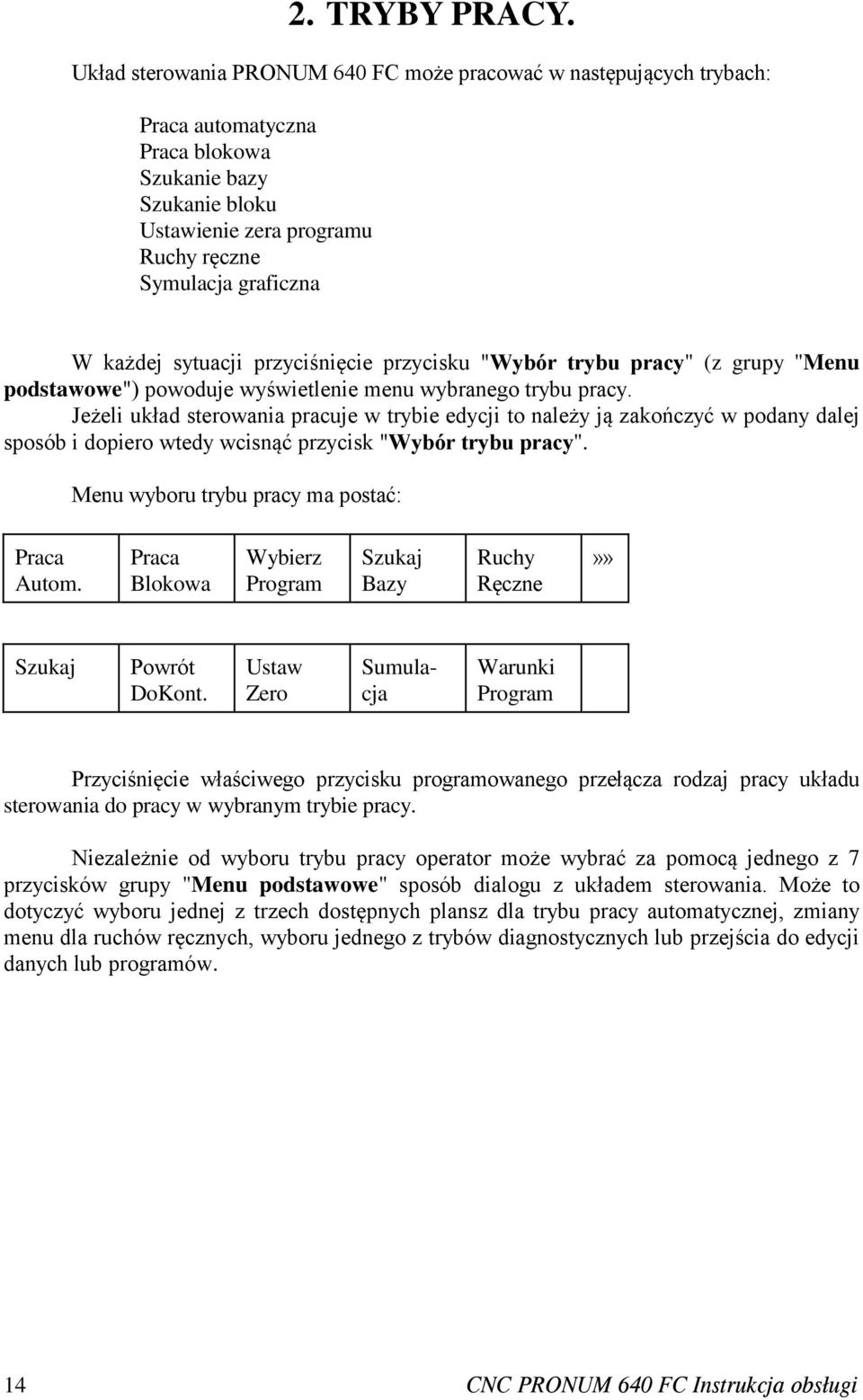 sytuacji przyciśnięcie przycisku "Wybór trybu pracy" (z grupy "Menu podstawowe") powoduje wyświetlenie menu wybranego trybu pracy.