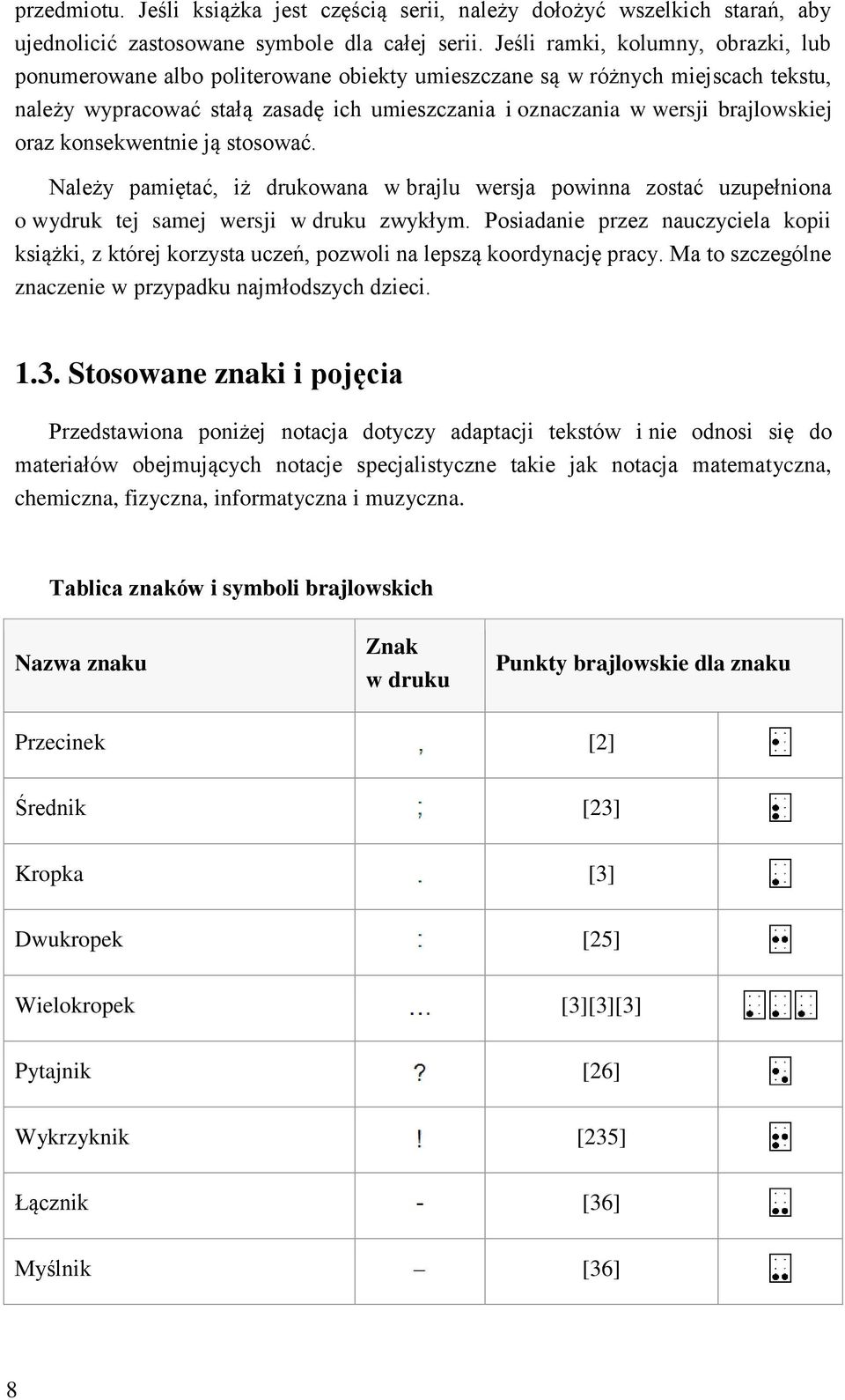 oraz konsekwentnie ją stosować. Należy pamiętać, iż drukowana w brajlu wersja powinna zostać uzupełniona o wydruk tej samej wersji w druku zwykłym.