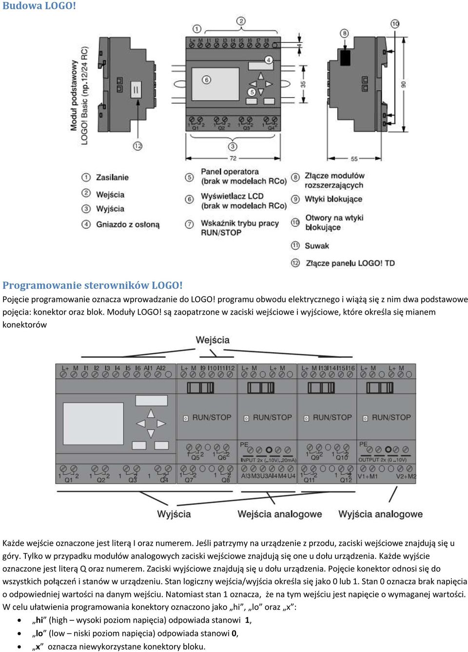 Jeśli patrzymy na urządzenie z przodu, zaciski wejściowe znajdują się u góry. Tylko w przypadku modułów analogowych zaciski wejściowe znajdują się one u dołu urządzenia.