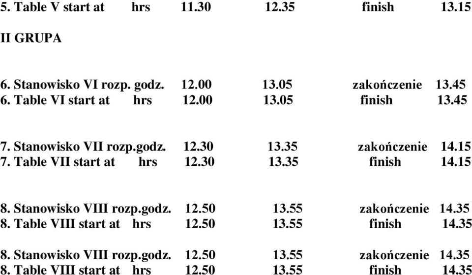 Table VII start at hrs 12.30 13.35 finish 14.15 8. Stanowisko VIII rozp.godz. 12.50 13.55 zakończenie 14.35 8.