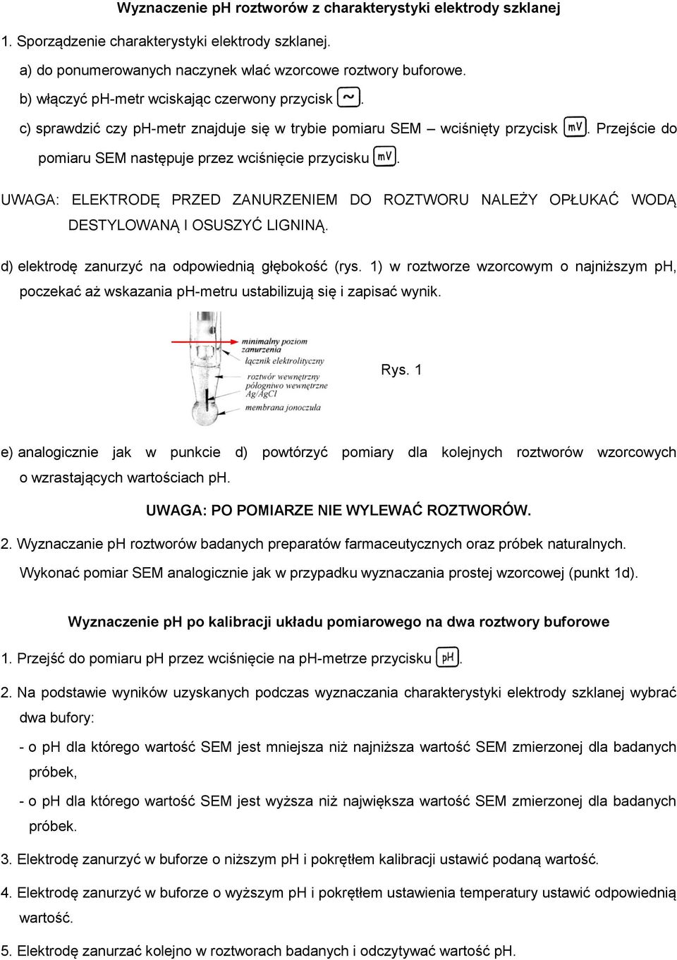 UWAGA: ELEKTRODĘ PRZED ZANURZENIEM DO ROZTWORU NALEŻY OPŁUKAĆ WODĄ DESTYLOWANĄ I OSUSZYĆ LIGNINĄ. d) elektrodę zanurzyć na odpowiednią głębokość (rys.