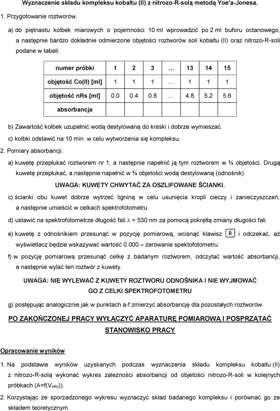 tabeli: numer próbki 1 2 3 13 14 15 objętość Co(II) [ml] 1 1 1 1 1 1 objętość nrs [ml] 0.0 0.4 0.8 4.8 5.2 5.6 absorbancja b) Zawartość kolbek uzupełnić wodą destylowaną do kreski i dobrze wymieszać.