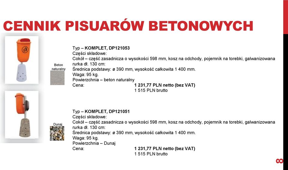 Powierzchnia beton naturalny 1 231,77 PLN netto (bez VAT) 1 515 PLN brutto Dunaj Typ KOMPLET, DP121051 Części składowe: Cokół część zasadnicza o wysokości 598