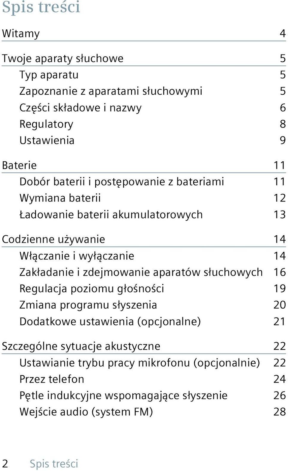 i zdejmowanie aparatów słuchowych 16 Regulacja poziomu głośności 19 Zmiana programu słyszenia 20 Dodatkowe ustawienia (opcjonalne) 21 Szczególne sytuacje