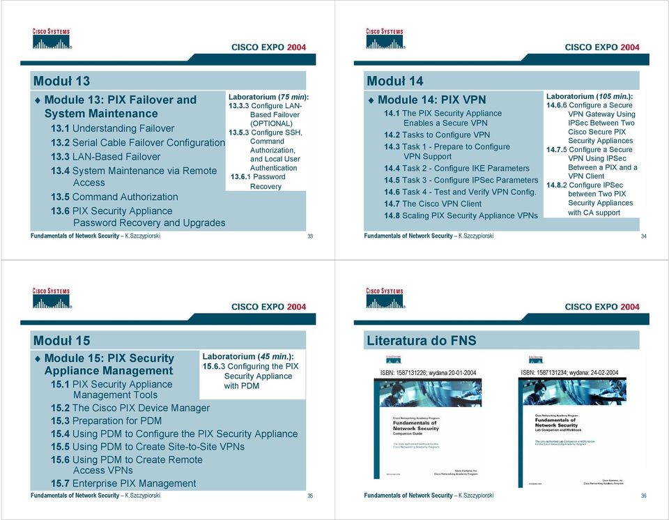 6 Password Recovery Fundamentals of Network Security K.Szczypiorski 33 Moduł 14 Module 14: VPN 14 The Security Appliance Enables a Secure VPN 14 Tasks to Configure VPN 14.